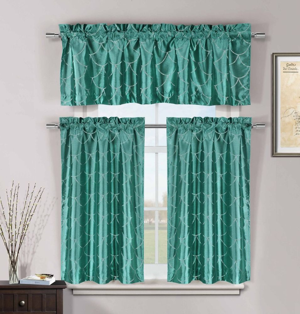 Teal Kitchen Curtains
 Teal 3 Pc Kitchen Window Curtain Set Faux Silk Metallic