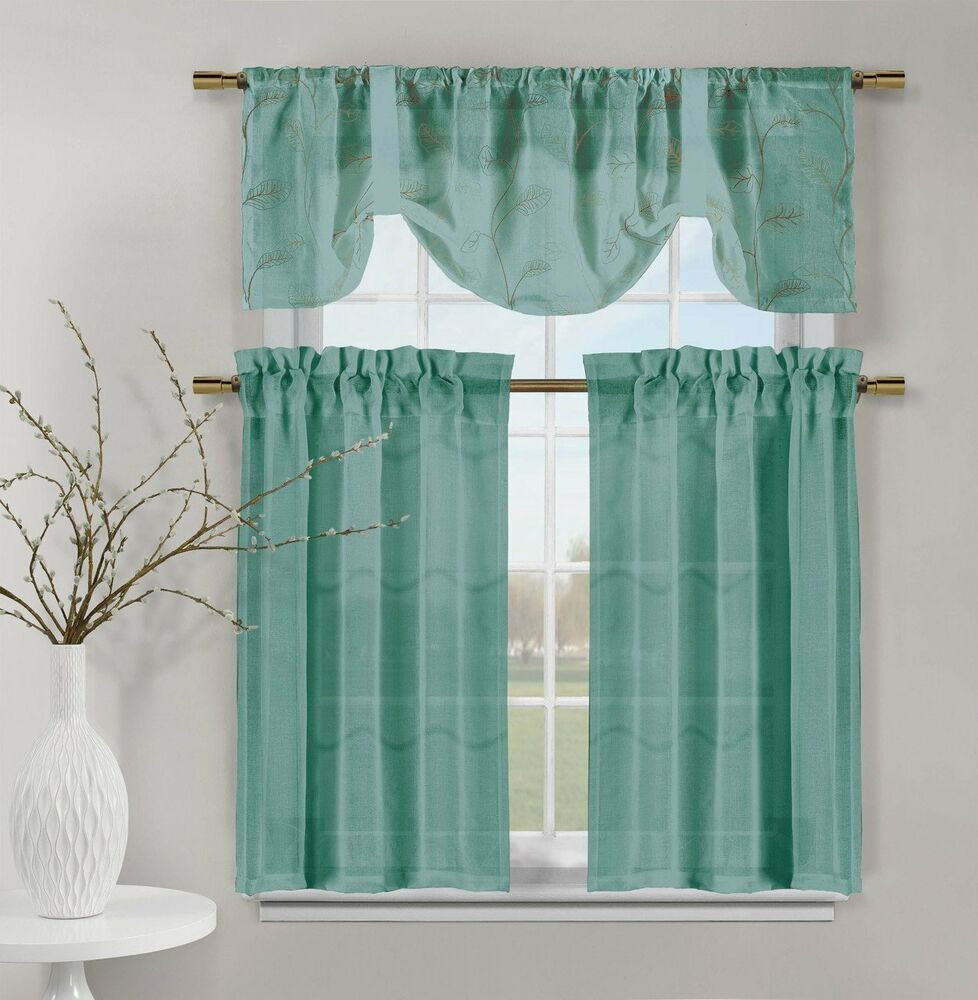 Teal Kitchen Curtains
 Teal Videira Gold Leaf Embroidery Kitchen Curtain Set