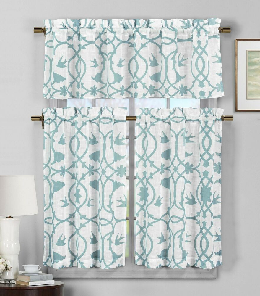Teal Kitchen Curtains
 3 Piece Semi Sheer Window Curtain Set Teal Blue and White
