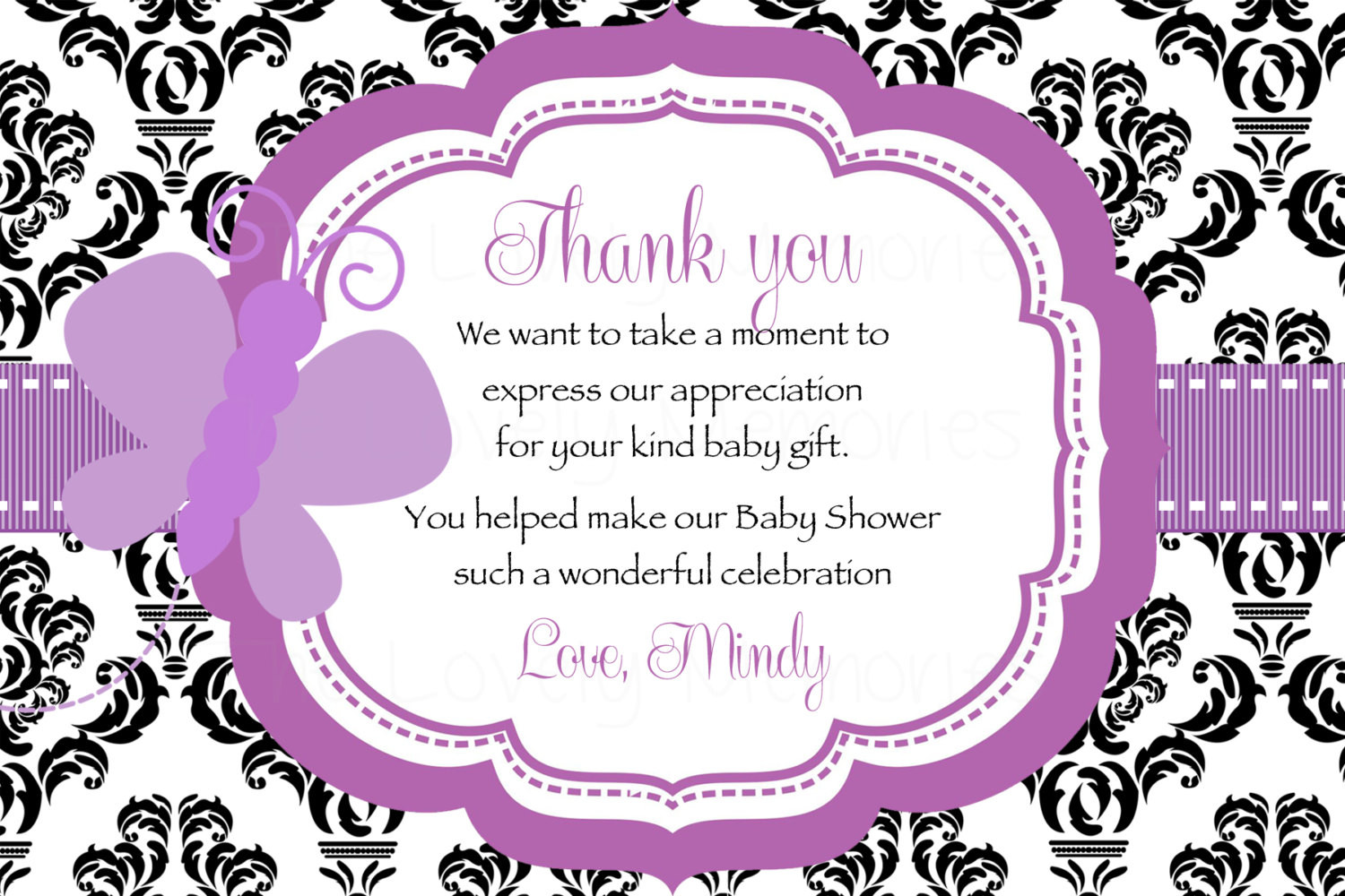 Thank You Baby Quotes
 Damask Purple Butterfly Baby Shower Thank you Card Printable