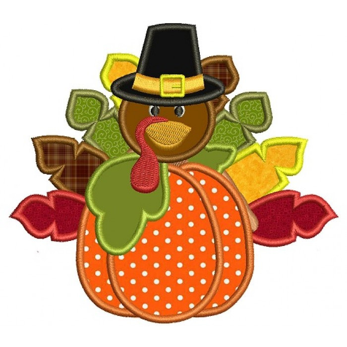 Thanksgiving Applique Design
 Turkey With a Hat on a Pumpkin Thanksgiving Applique