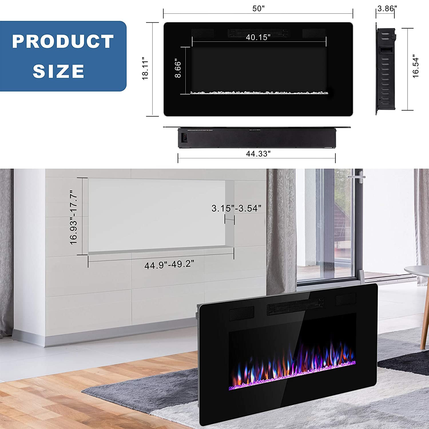Thin Electric Fireplace
 Xbeauty 50 Inch Wall Mounted Recessed Electric Fireplace