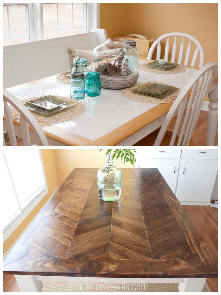 Tile Top Kitchen Table
 From Tile Top to Herringbone Table Makeover