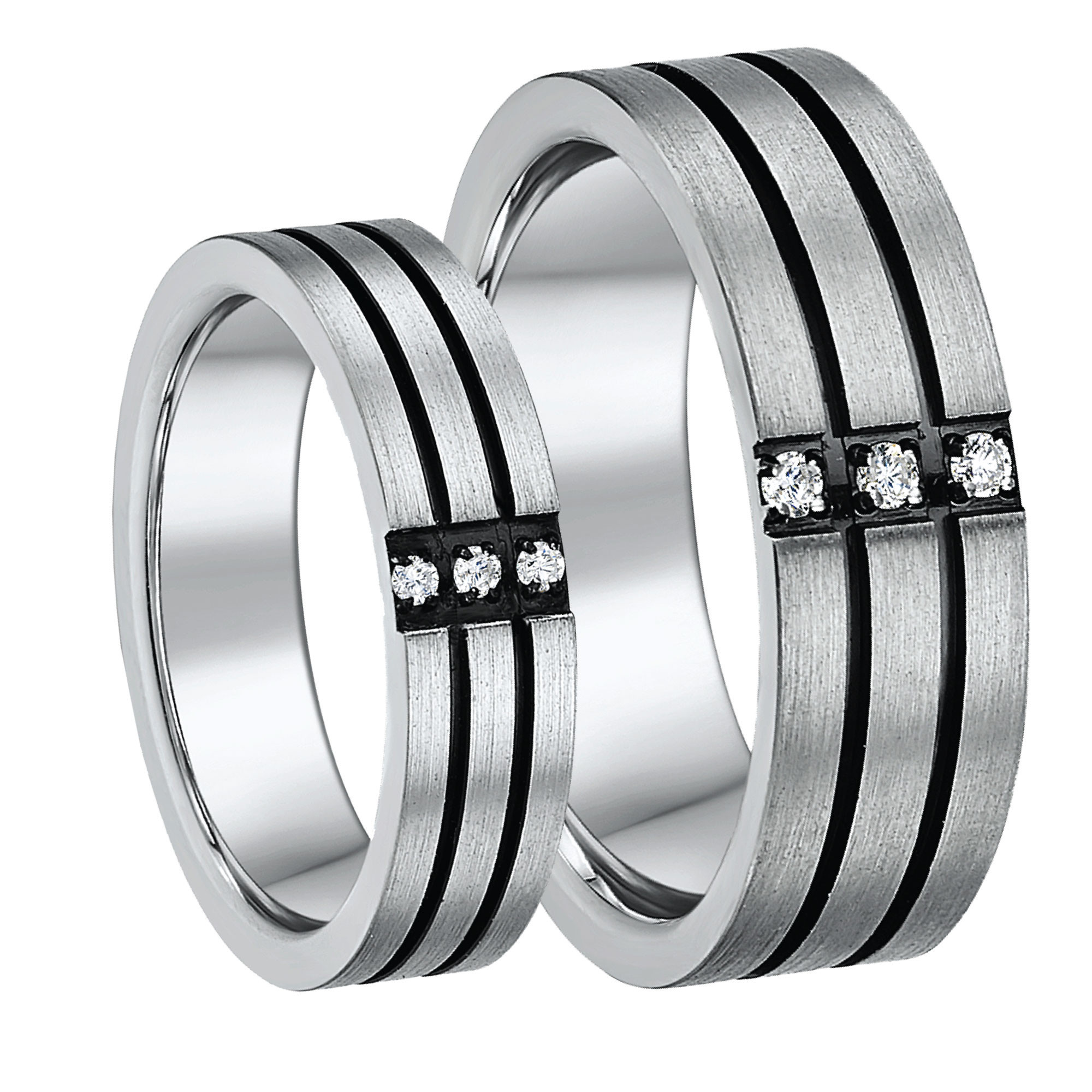 Titanium Wedding Ring Sets
 His & Hers 5&7mm Titanium Three Diamond Black Grooved
