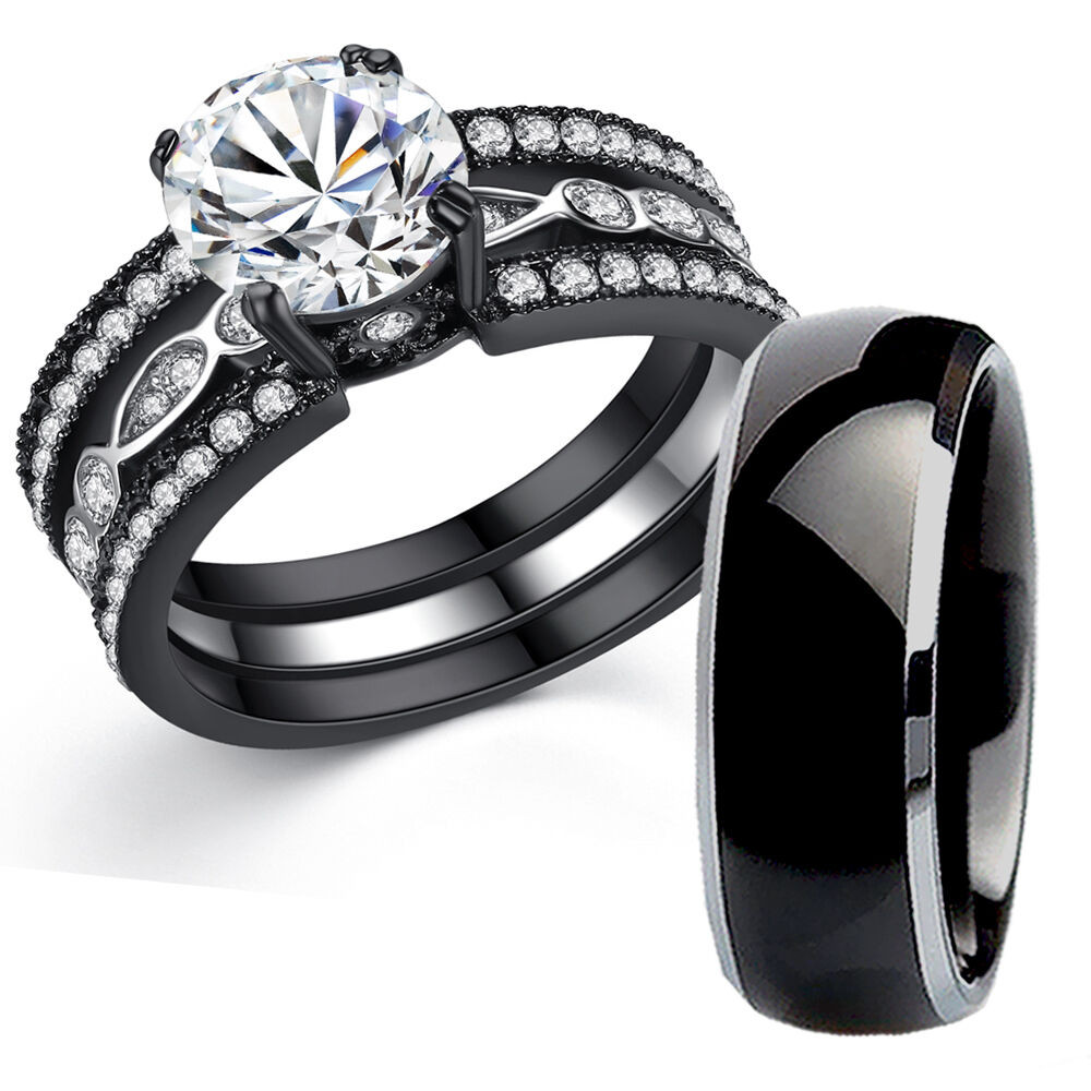 Titanium Wedding Ring Sets
 His Titanium Hers Black Stainless Steel Bridal Wedding