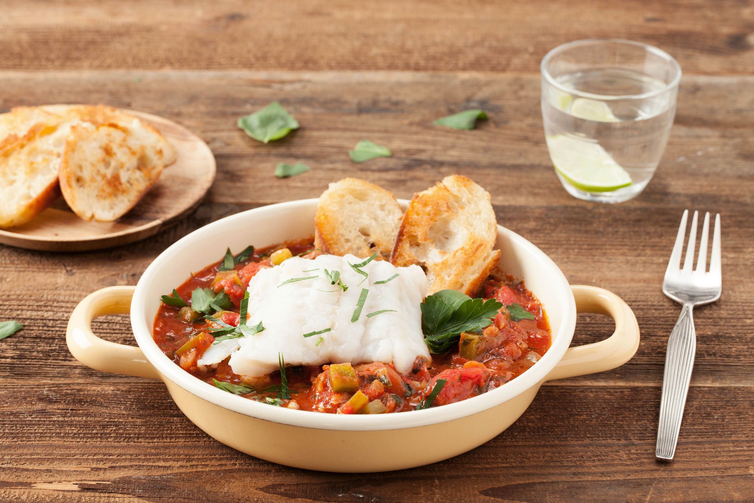 Tomato Based Seafood Stew
 Cod Cioppino in Tomato Stew with Toasted Baguette