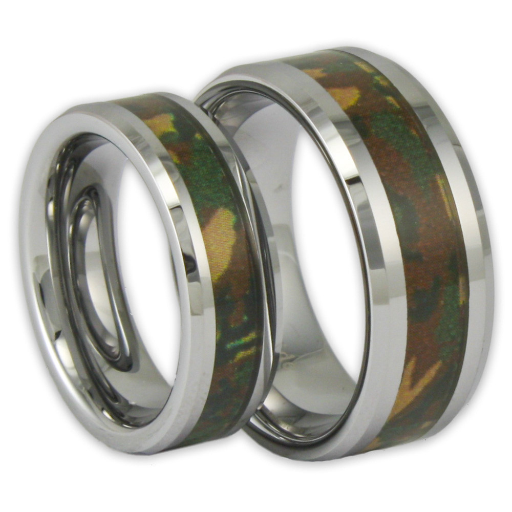 Tungsten Camo Wedding Bands
 His and Her Woodland Camo Tungsten Ring Set Couples