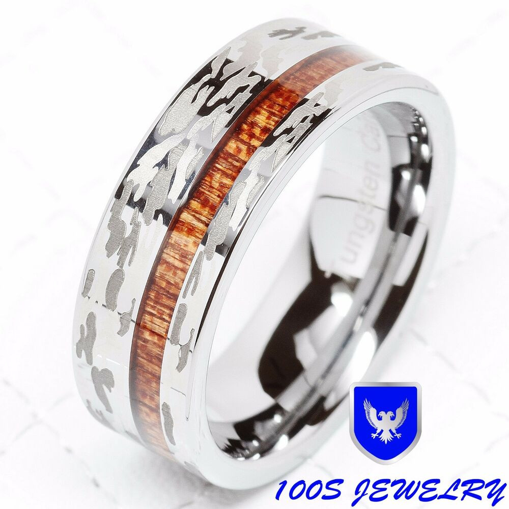 Tungsten Camo Wedding Bands
 Mens Tungsten Ring Camo Army Hunting Wood Inlay Silver