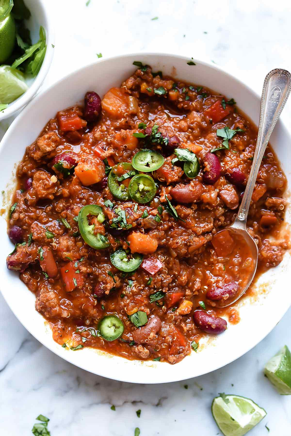 Turkey Sweet Potato Chili
 Slow Cooker Turkey Chili with Sweet Potatoes & Quinoa