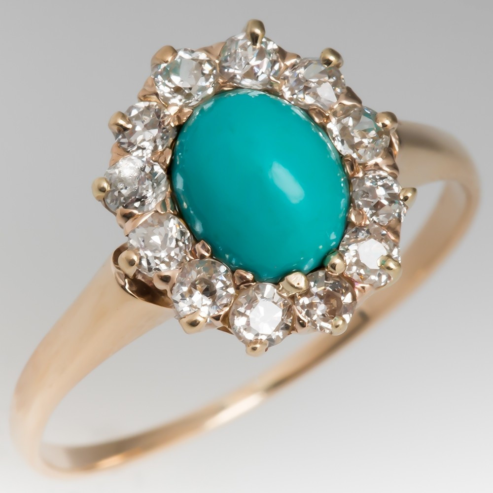 Turquoise Diamond Engagement Rings
 Victorian Era Turquoise & Old Mine Cut Diamond Ring 10K Gold