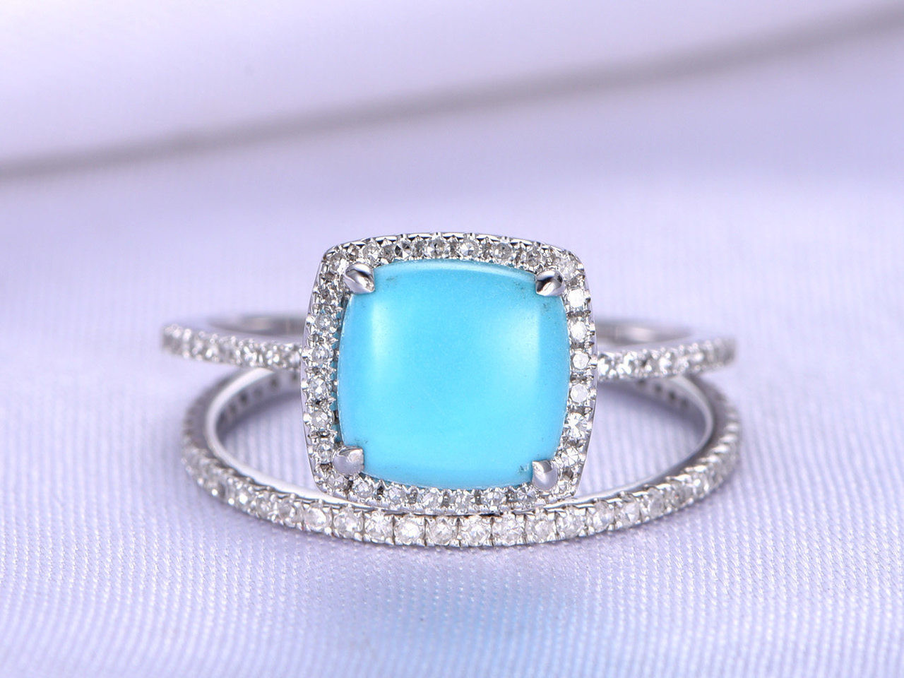 Turquoise Diamond Engagement Rings
 Sleeping Beauty Turquoise Ring Set 8mm Cushion Cut