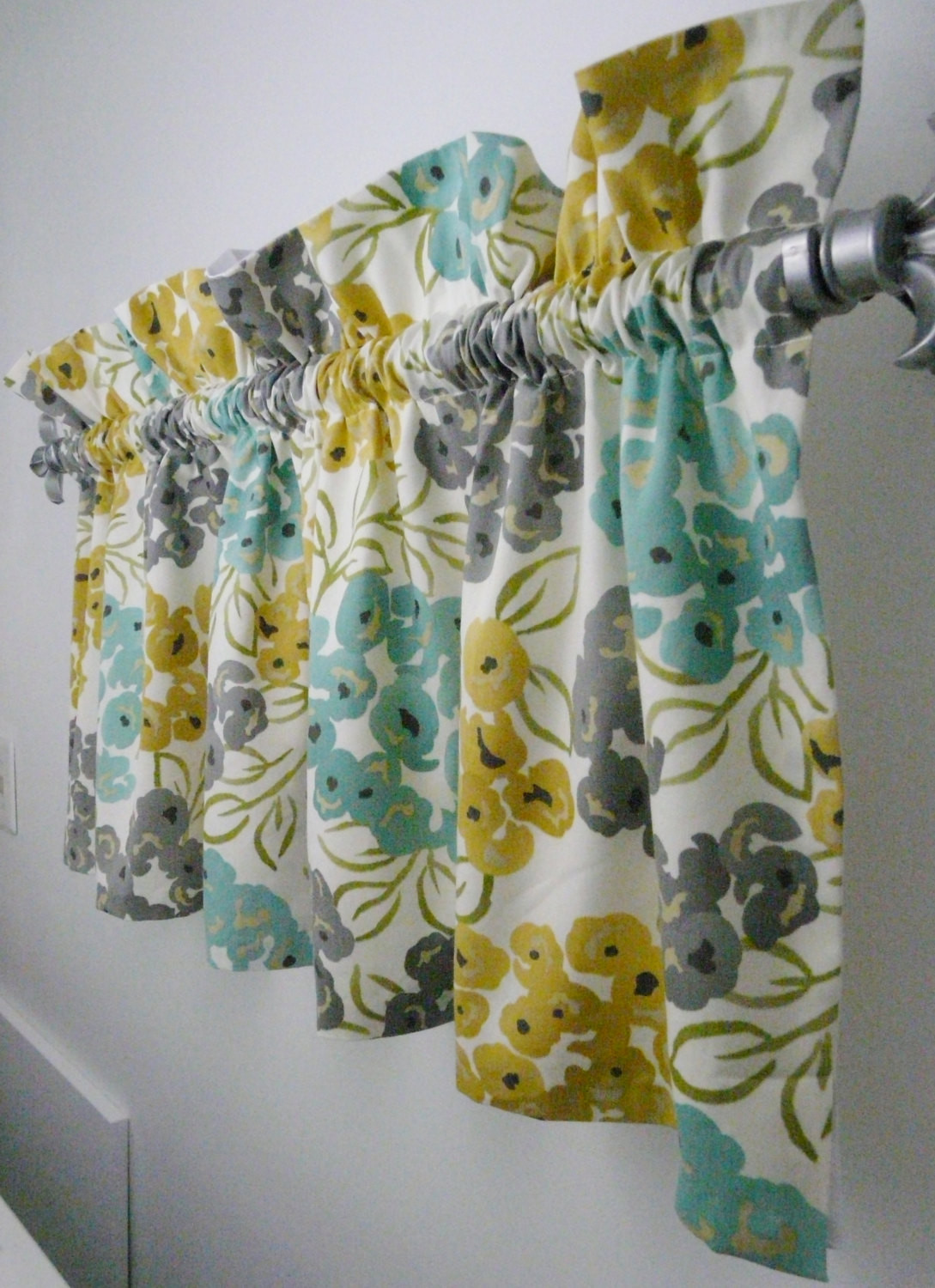 Turquoise Kitchen Curtains
 Turquoise Grey Yellow Gold Valance for the Kitchen
