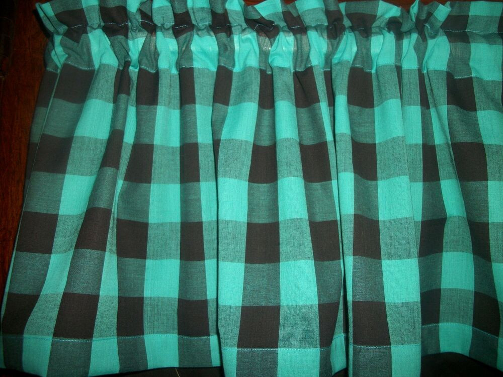 Turquoise Kitchen Curtains
 Black Turquoise Checked Checks retro cabin fabric window