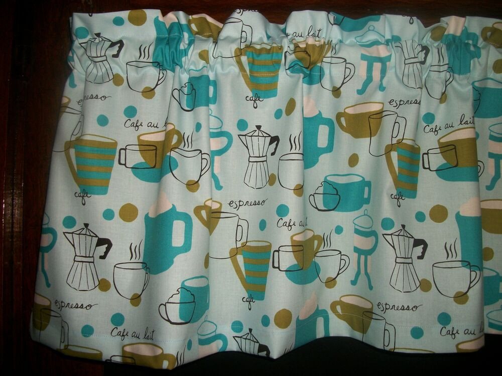 Turquoise Kitchen Curtains
 Valance Retro Turquoise Olive Green Coffee Cup Espresso