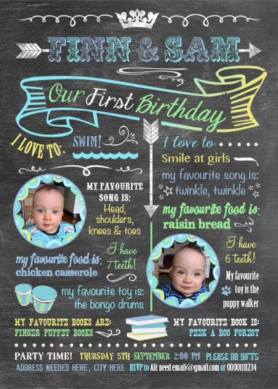 Twins First Birthday Invitations
 Printable Twins Firsts Birthday Invitation Chalkboard