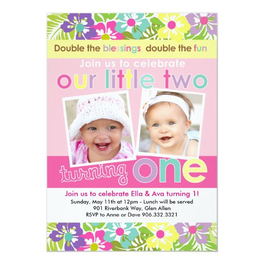 Twins First Birthday Invitations
 Colorful Florals Twin Girls First Birthday Invitation