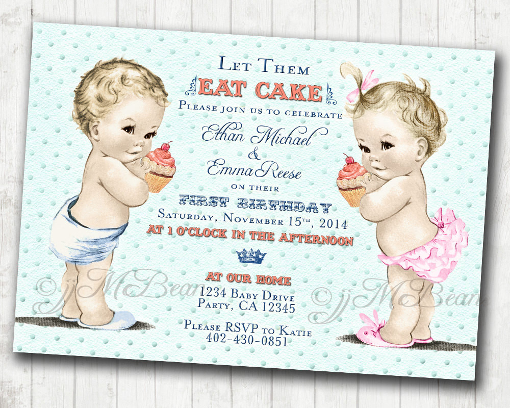 Twins First Birthday Invitations
 Boy Girl Twins first Birthday Invitation for Twins boy and