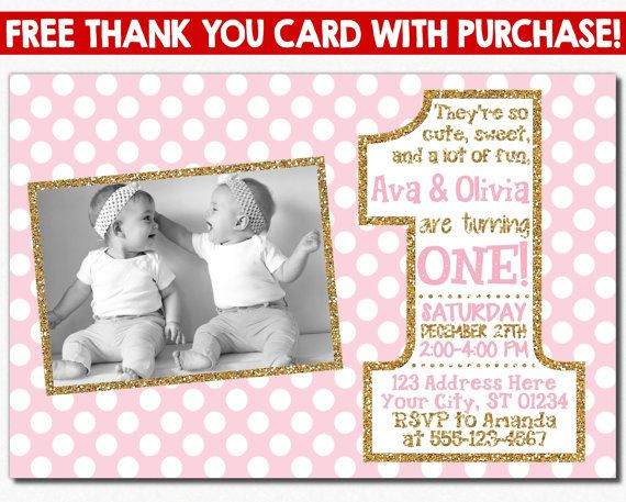 Twins First Birthday Invitations
 Pink and Gold Twins First Birthday Invitation with