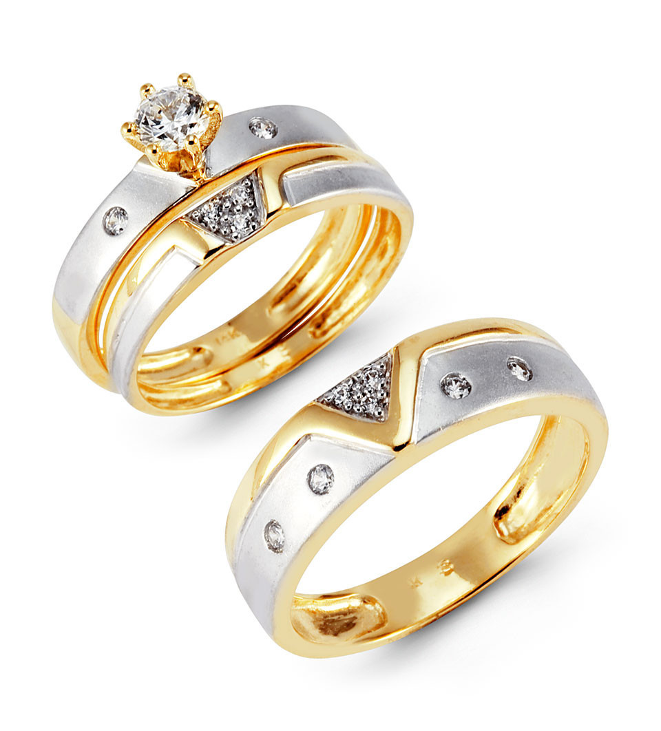 Two Tone Wedding Ring Sets
 Two Tone 14k Gold CZ Cluster Solitaire Wedding Ring Set