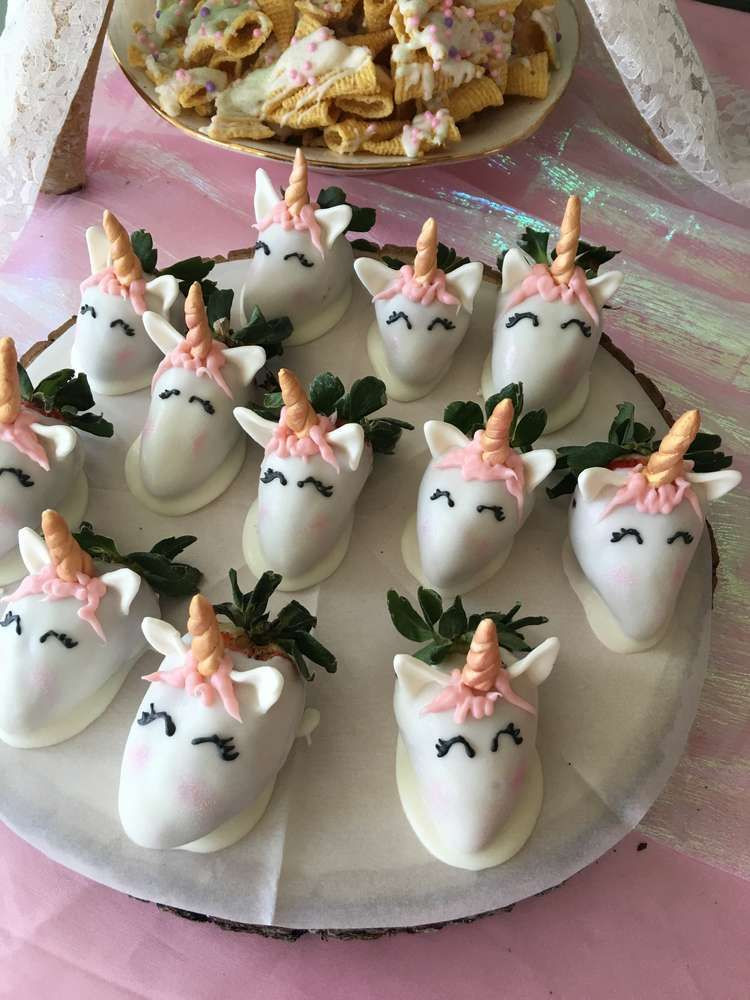 Unicorn Theme Tea Party Food Ideas For Girls
 Loving the chocolate unicorn coated strawberries at this