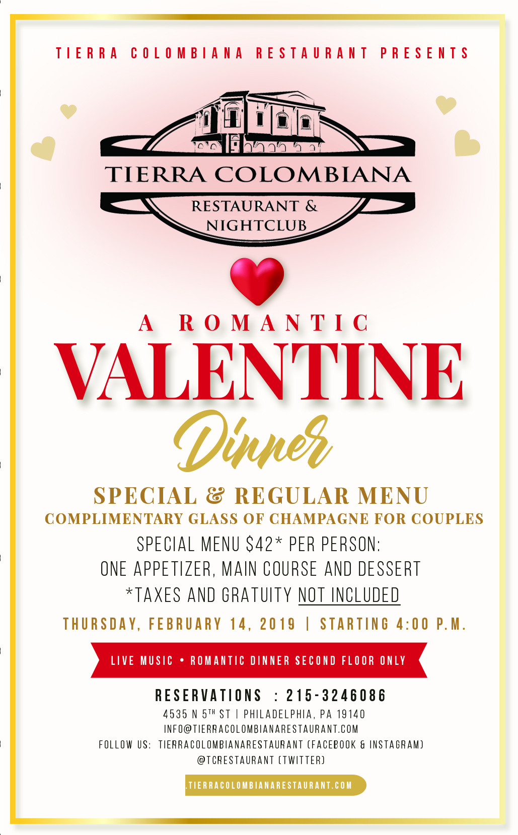 Valentines Dinner Deals
 Tierra Colombiana Restaurant Menu