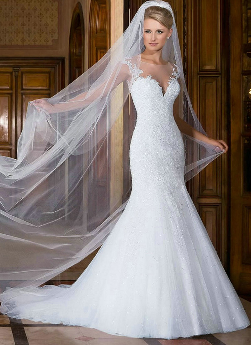 Veil For Wedding Dress
 Cap Sleeve Wedding Dress Mermaid Lace White Wedding Gowns