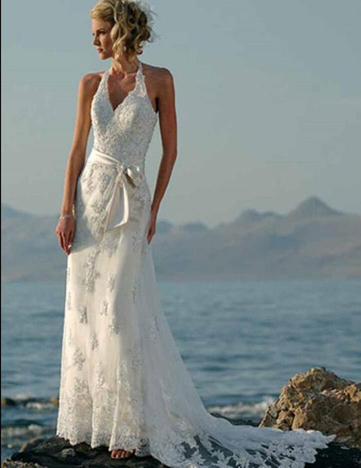 Vintage Beach Wedding
 Beaded Lace Appliques Tulle Vintage Beach Wedding Dresses