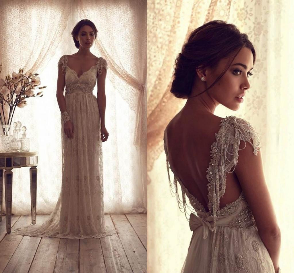 Vintage Beach Wedding
 2016 Vintage Beach Wedding Dresses Deep V Neck Cap Sleeves