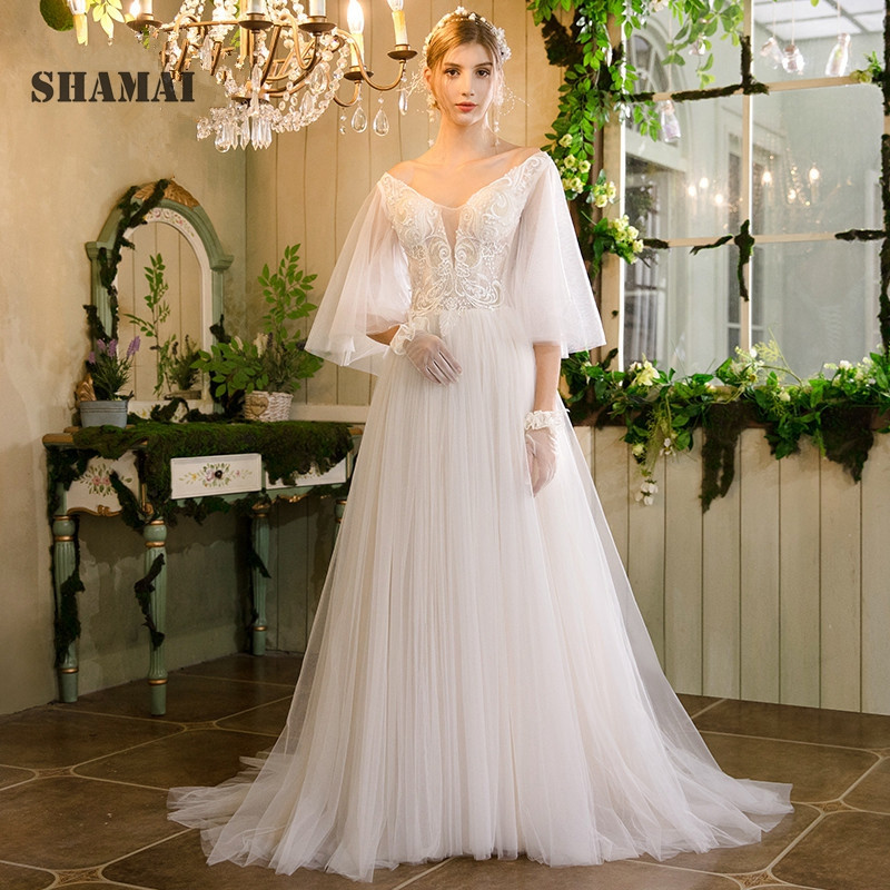 Vintage Beach Wedding
 SHAMAI Vintage Beach Wedding Dress 2019 Flare Sleeves