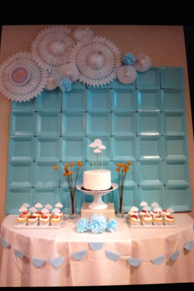 Wall Decor For Baby Shower
 Wall decor backdrop at a shower for a baby boy using