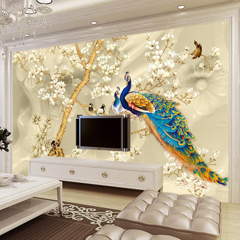 Wall Painting For Living Room
 Custom Mural Wallpaper 3D Stereo Magnolia Flowers Peacock