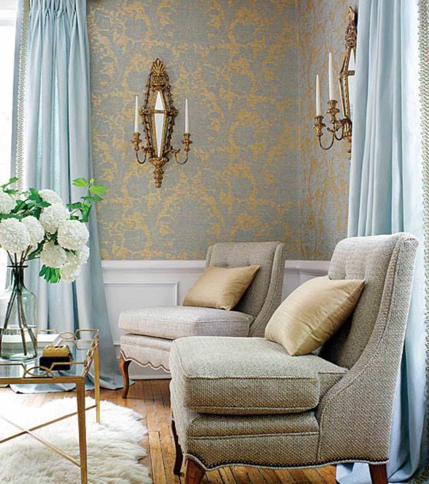 Wall Sconces Living Room
 Living Room Designed With Wallpaper And Candle Wall