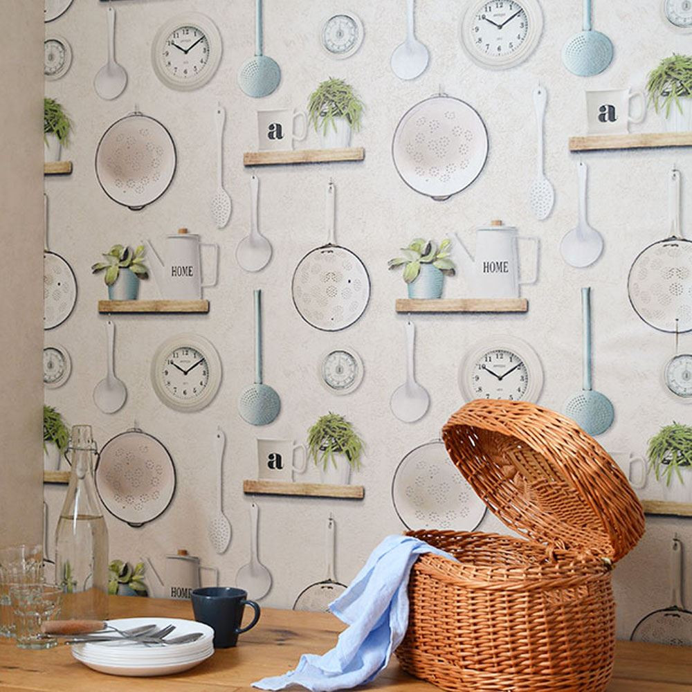 Washable Wallpaper For Kitchen
 Kitchen Utensil Wallpaper Flowerpots Bathroom Washable