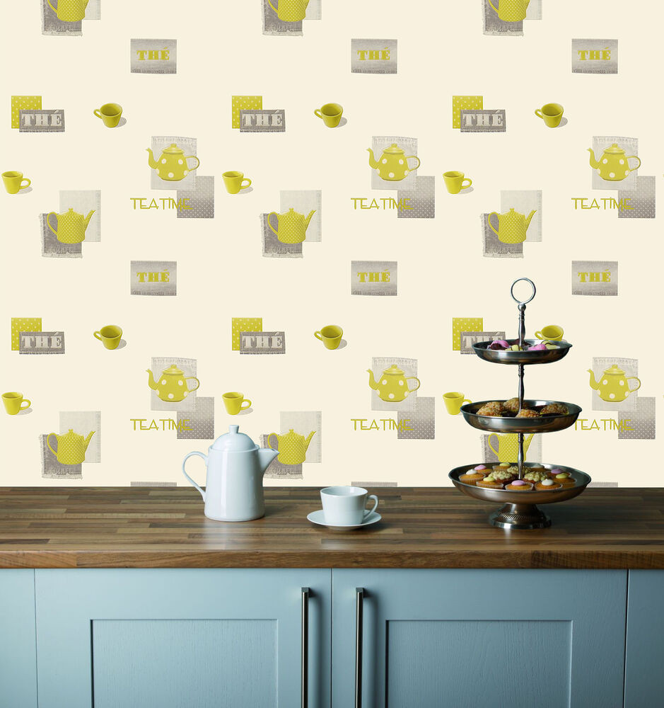 Washable Wallpaper For Kitchen
 Grey & Green Teapots & Cups on a Cream Background