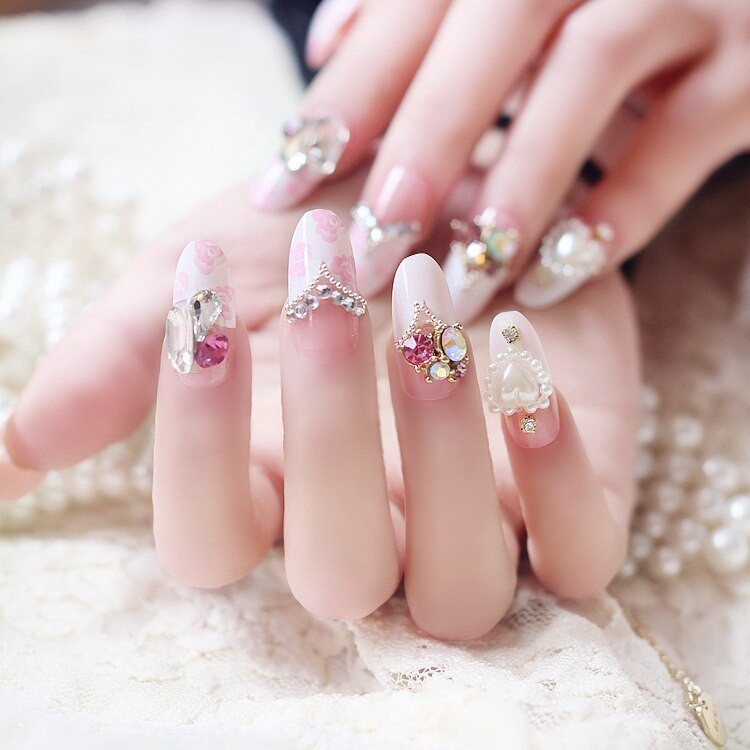 Wedding Acrylic Nails
 [ Glue on style ] New 24pieces Wedding Gorgeous Pink Lady
