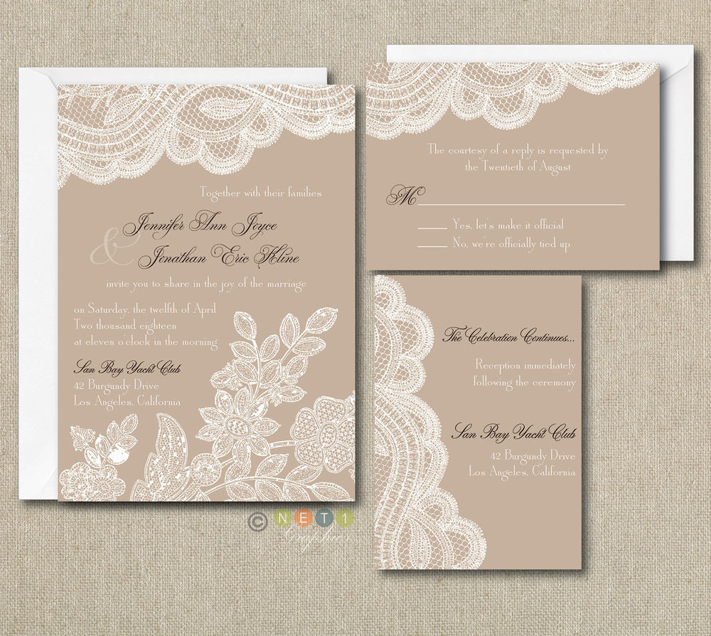 Wedding Invitation Sets
 100 Personalized Custom rustic vintage lace Wedding