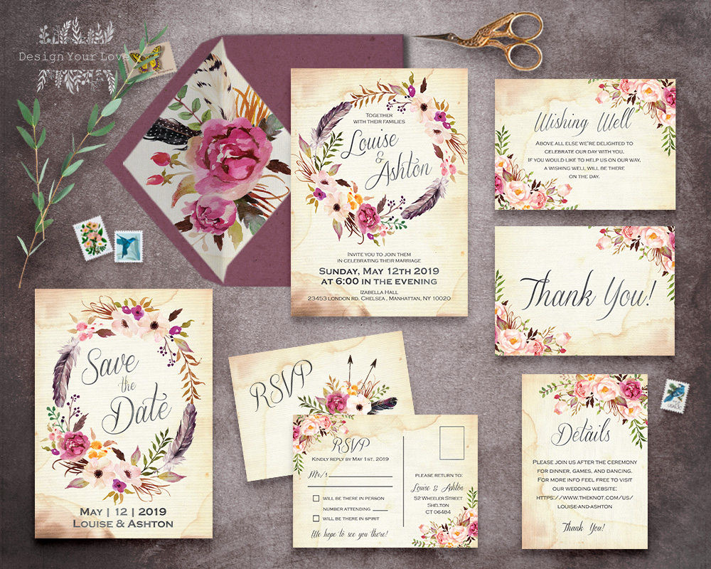 Wedding Invitation Sets
 floral wedding invitation set printable boho wedding
