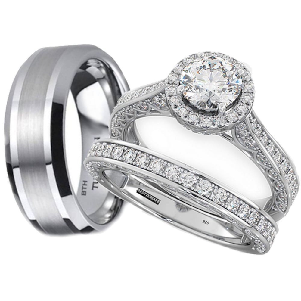 Wedding Rings Sets For Her
 His and Hers Tungsten 925 Sterling Silver Wedding