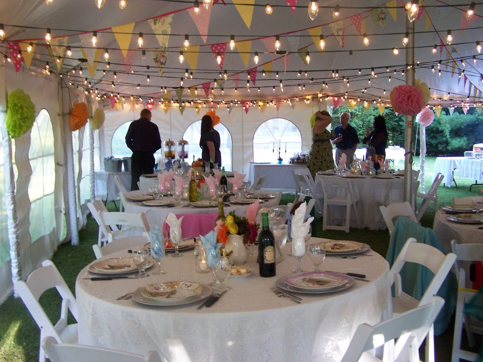 Wedding Tent Lighting DIY
 bunting and lights in tent
