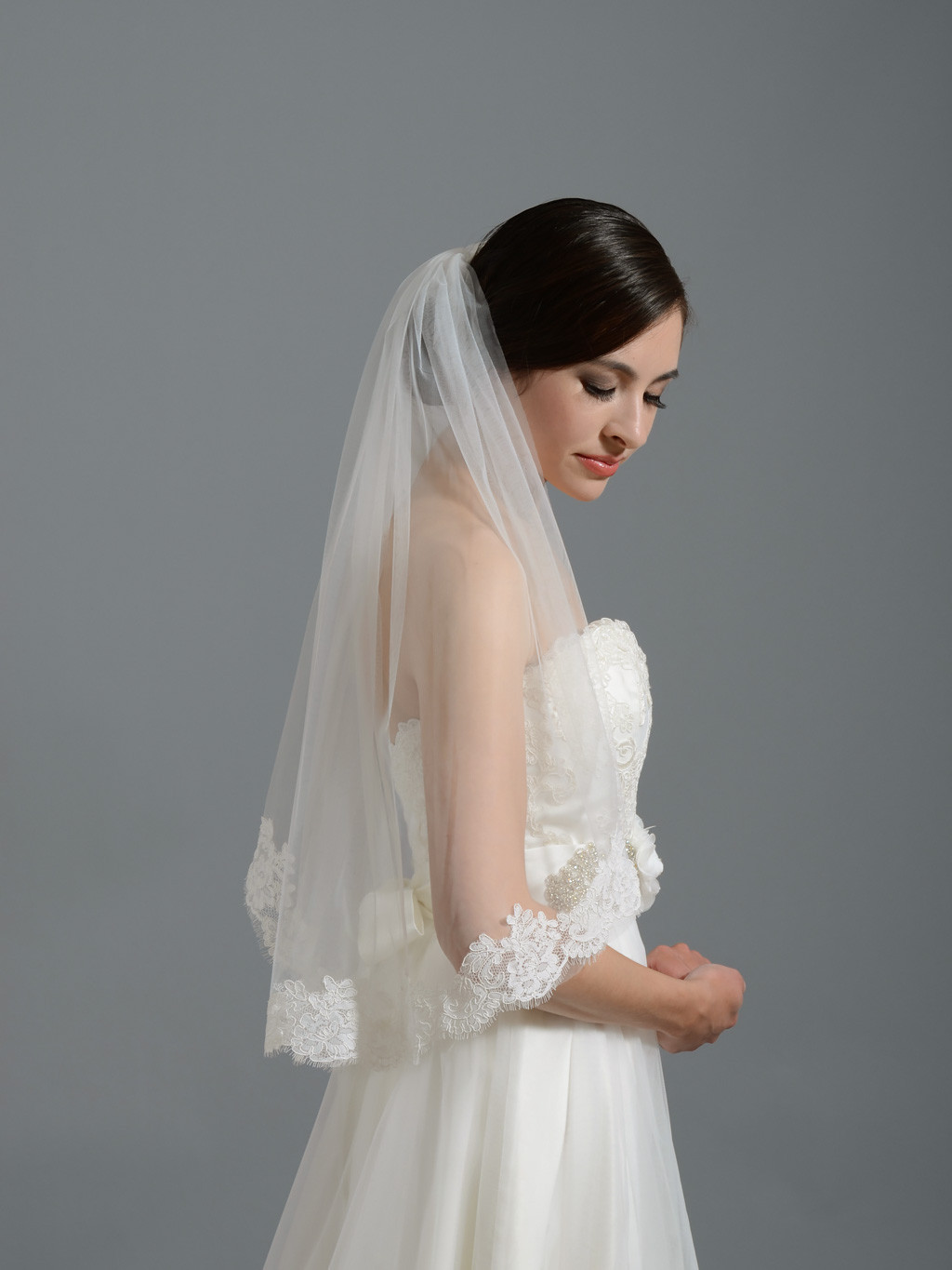 Wedding Veils
 Ivory short elbow alencon lace wedding veil V050
