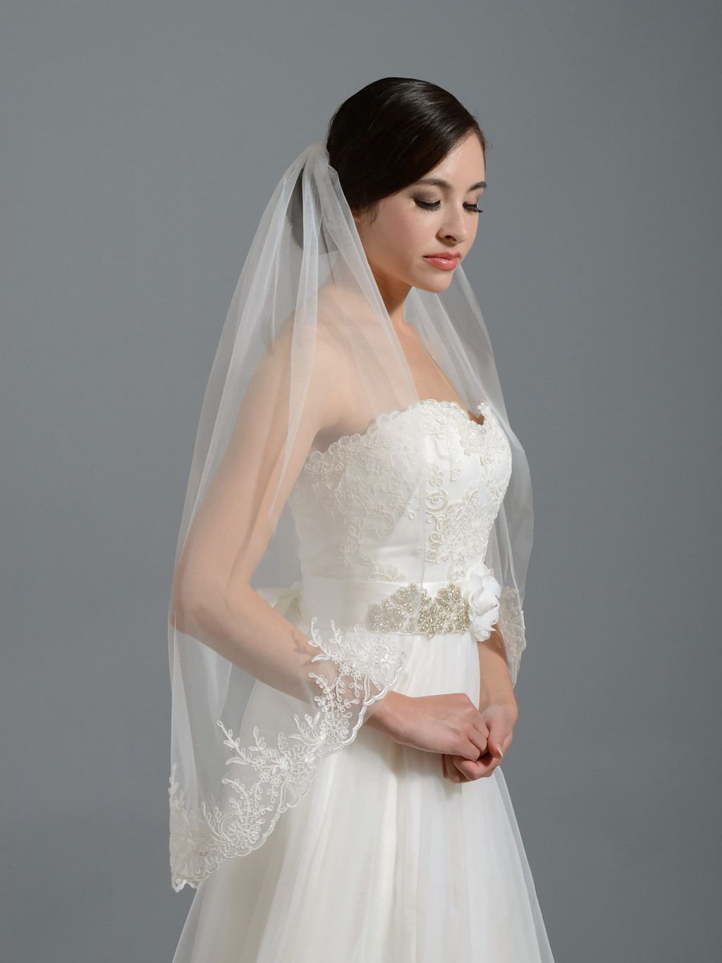 Wedding Veils
 Ivory elbow alencon lace wedding veil V037