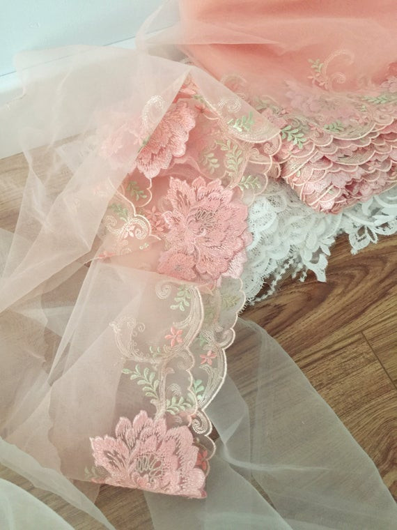 Wedding Veils With Lace Trim
 2 yards pink lace trim bridal veil wedding accessories soft