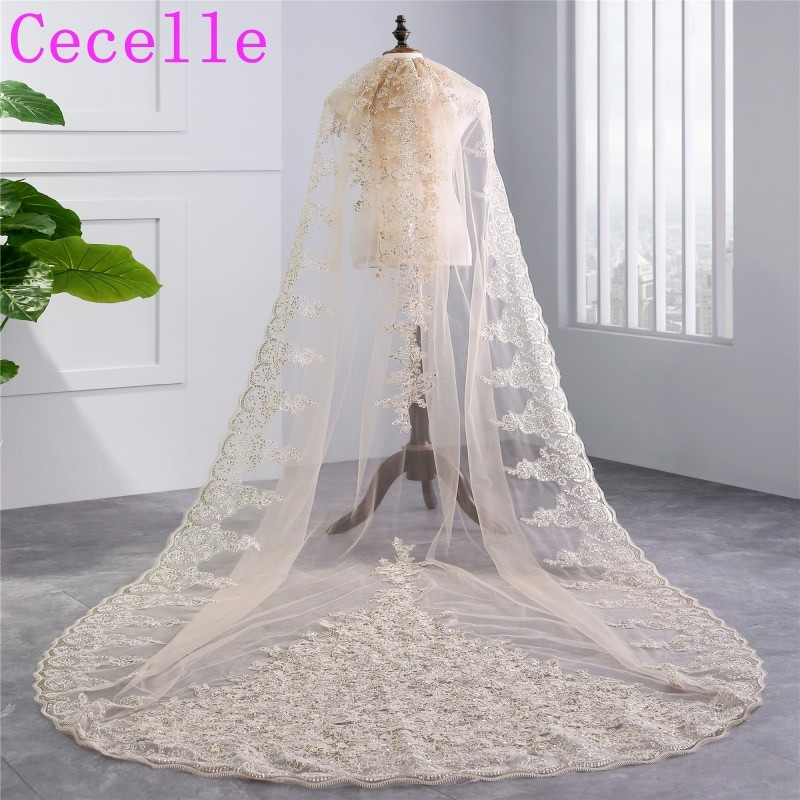 Wedding Veils With Lace Trim
 2019 New Real Champagne Long Cathedral Bridal Veil 1