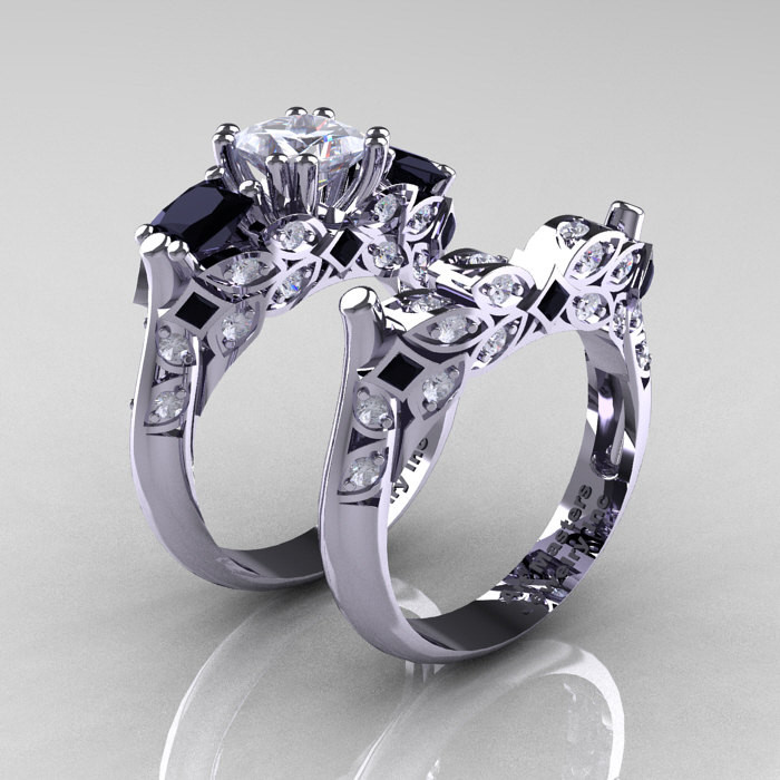 White And Black Diamond Engagement Rings
 Classic 14K White Gold Three Stone Princess CZ Black and