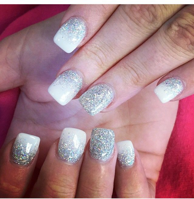 White And Silver Glitter Nails
 White and silver glitter nails …