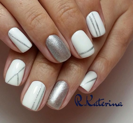 White And Silver Glitter Nails
 White nails with silver glitter manicure LadyStyle
