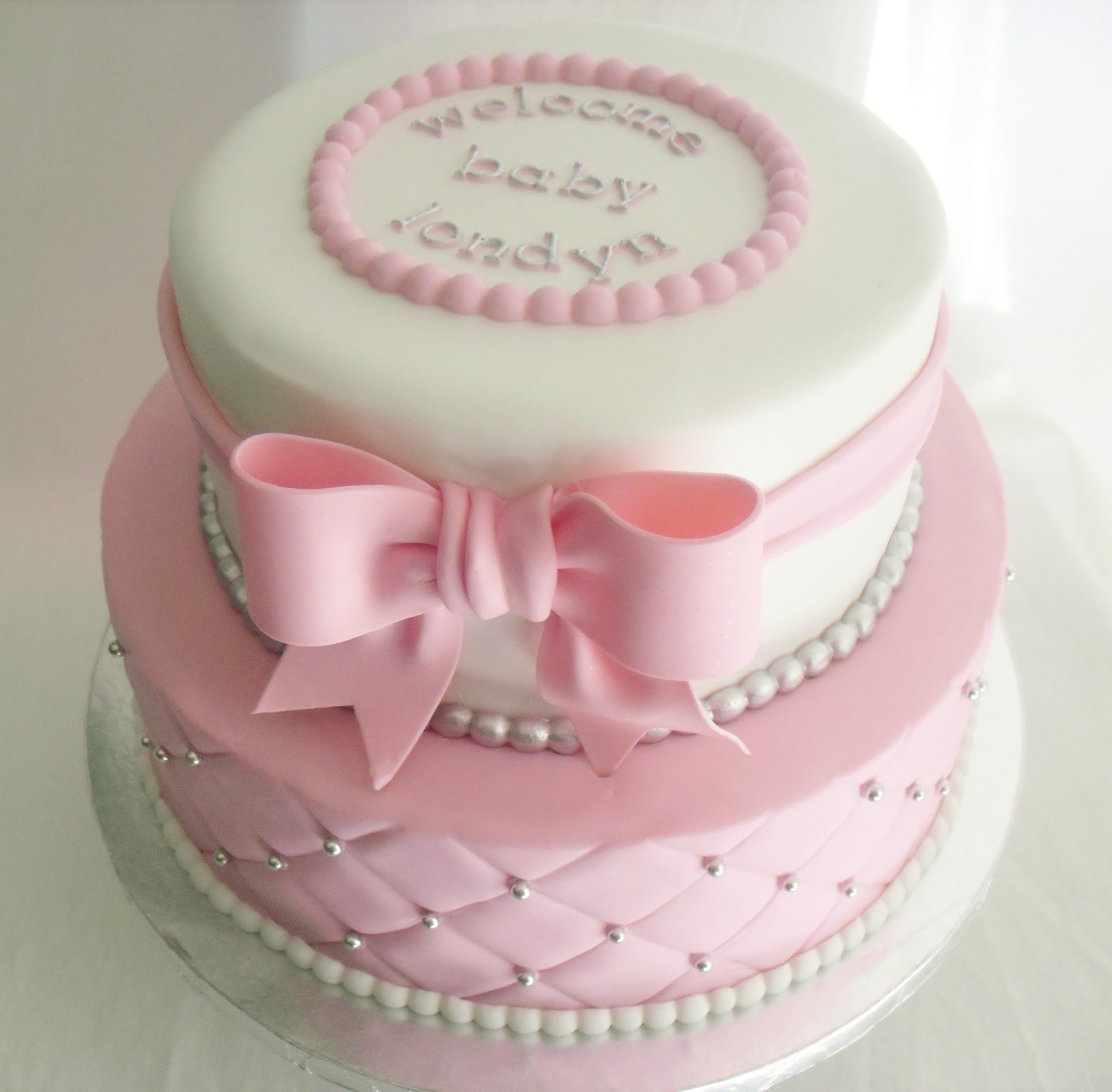White Baby Shower Cake
 made FRESH daily Quilted Pink and White Baby Shower Cake