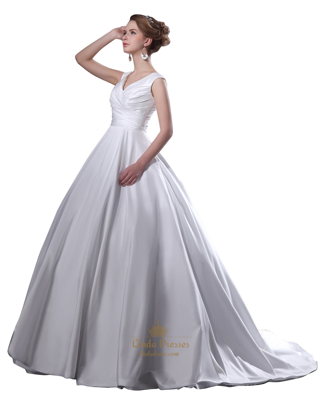 White Ball Gown Wedding Dresses
 Beautiful White V Neck Ruched Bodice Princess Ball Gown