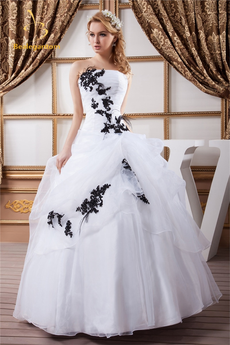 White Ball Gown Wedding Dresses
 Bealegantom y Fashion Black Appliques White Ball Gown
