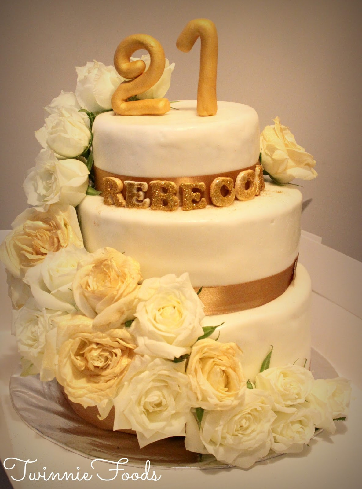 White Birthday Cakes
 Floral White & Gold 21st Birthday Cake TwinnieFoods